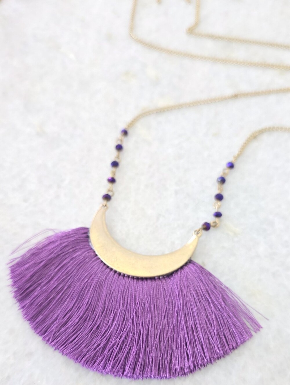 Purple Fan Tassel Crescent Moon Gold Chain Statement Necklace Long Boho Beaded.